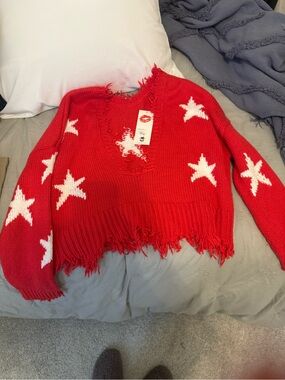 Wild Fox Distressed Red Star Knit Sweater - Women's S